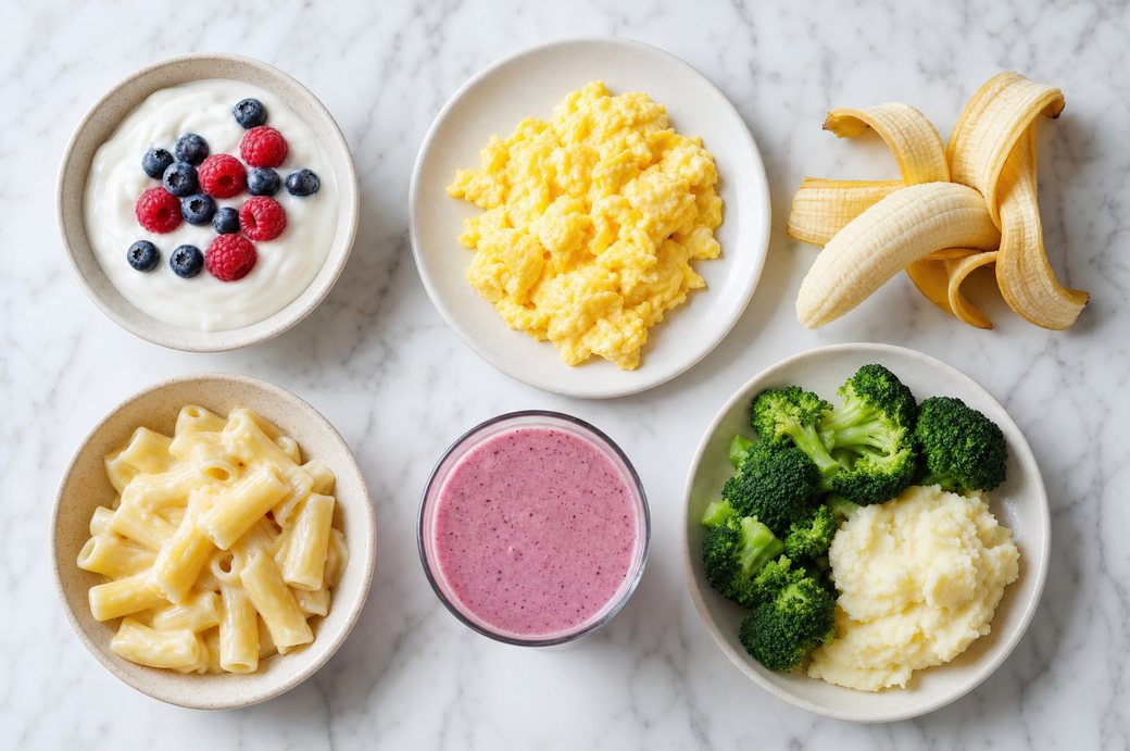 Soft, braces-friendly foods laid out on a worktop