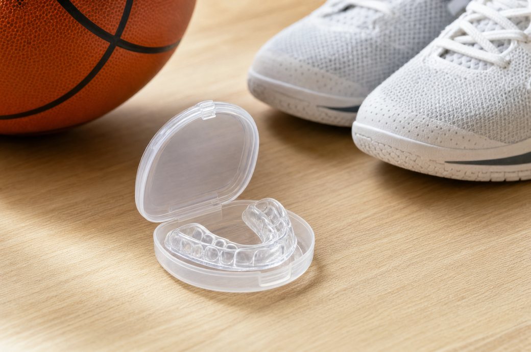 A clear sports mouthguard in its case beside a basketball