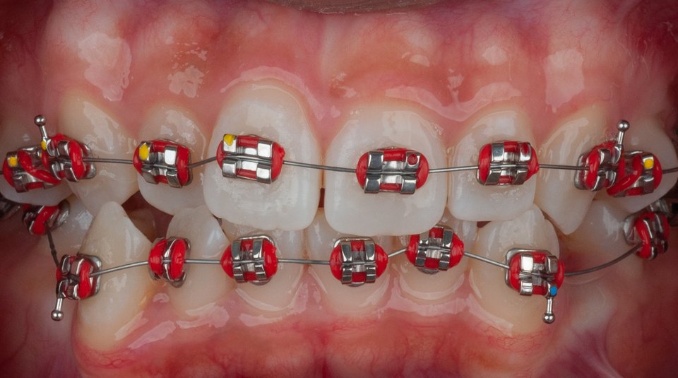 Crowded teeth with braces bonded on, front view