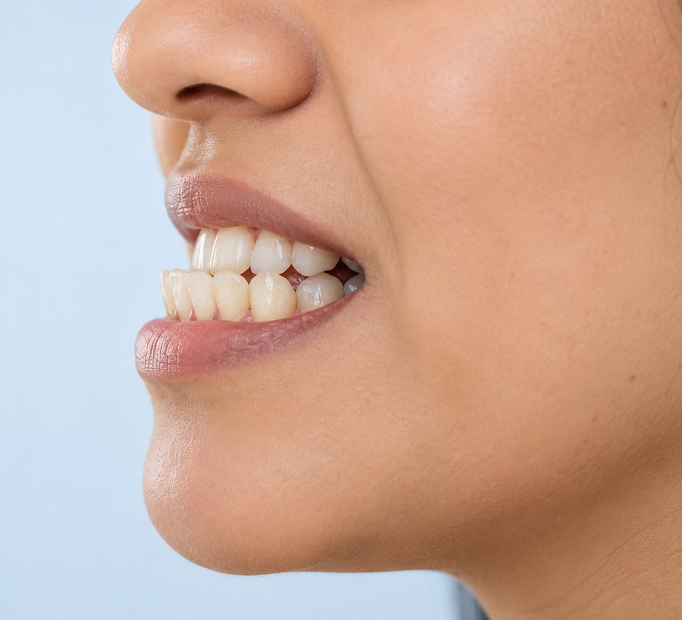 Profile view of a bite where the lower teeth sit forward