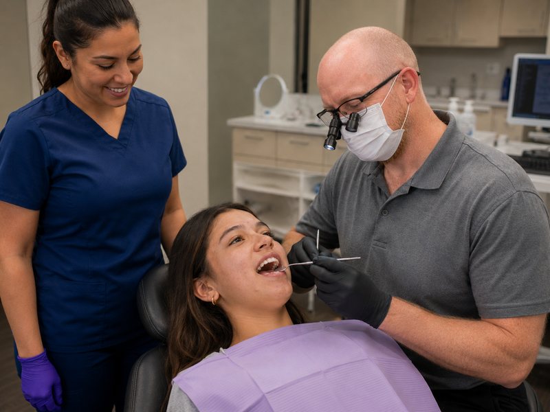 Orthodontist examining a smiling patient