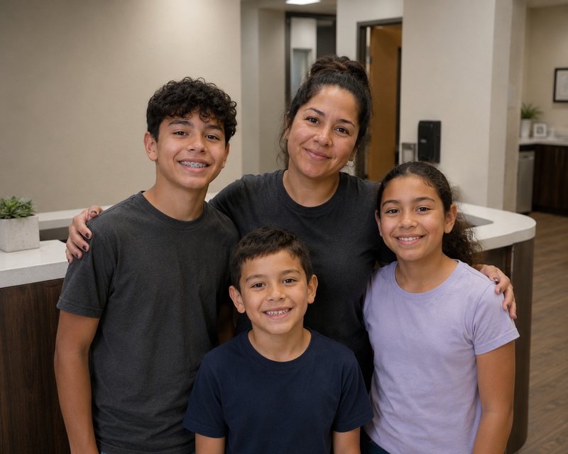 A family smiling together in the Smile 4 Less office